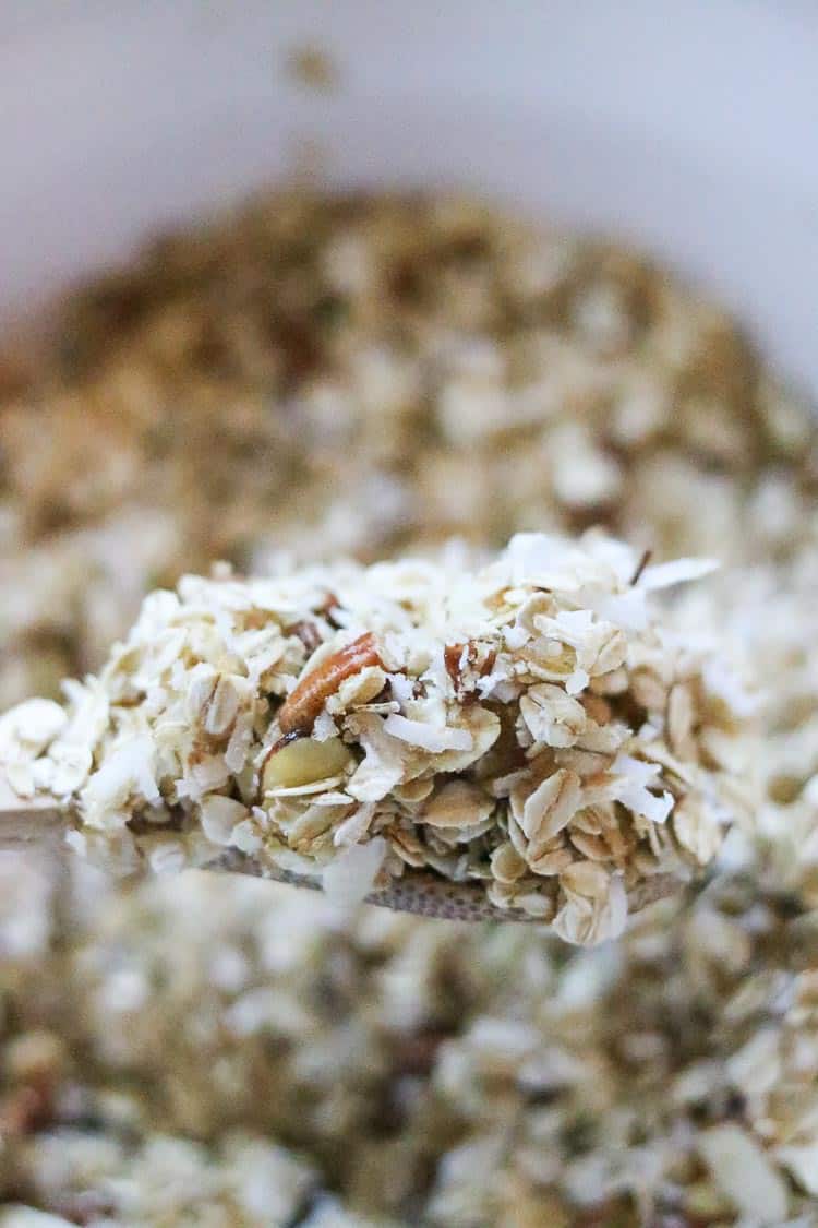 side-closeup shot of vegan granola on a wooden spoon