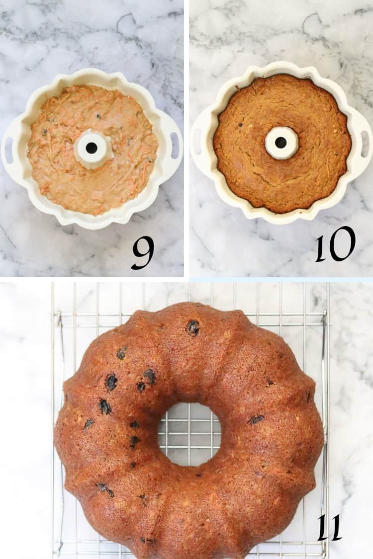 three overhead process shots of vegan carrot cake being baked and cooled