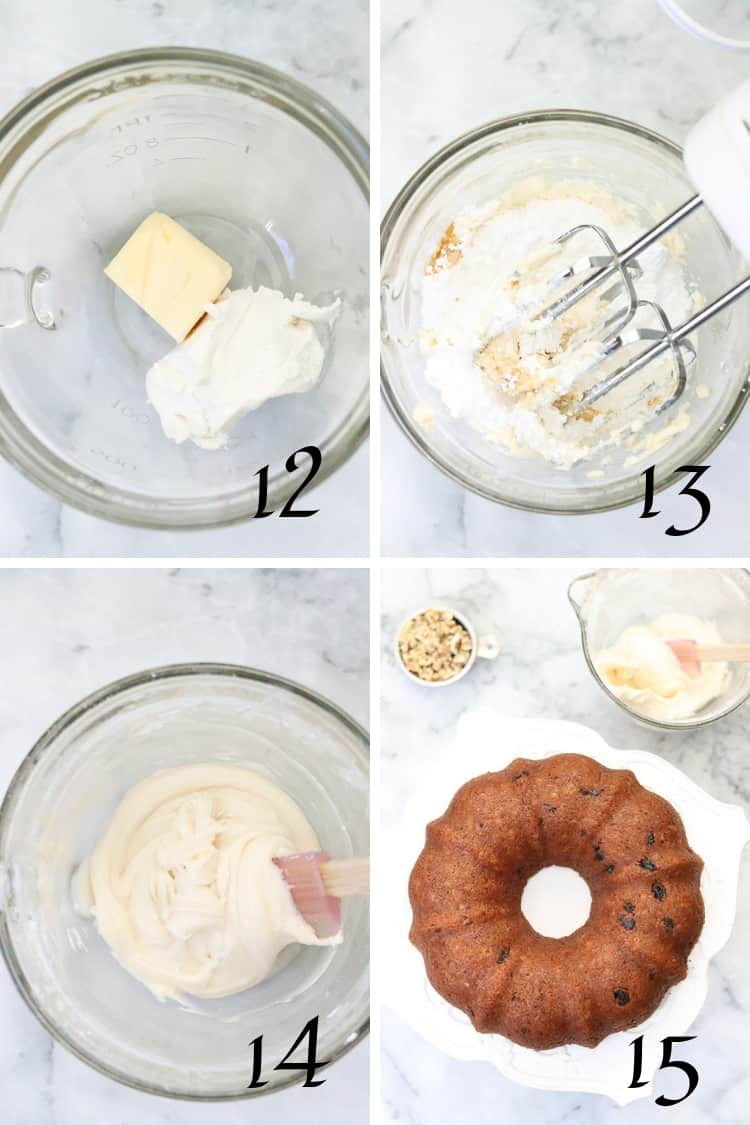 four overhead process shots of vegan cream cheese frosting being made for vegan carrot cake