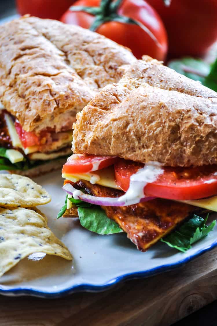 vegan BLT sandwich made with tofu bacon