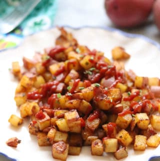 side overhead closeup shot of baked breakfast potatoes