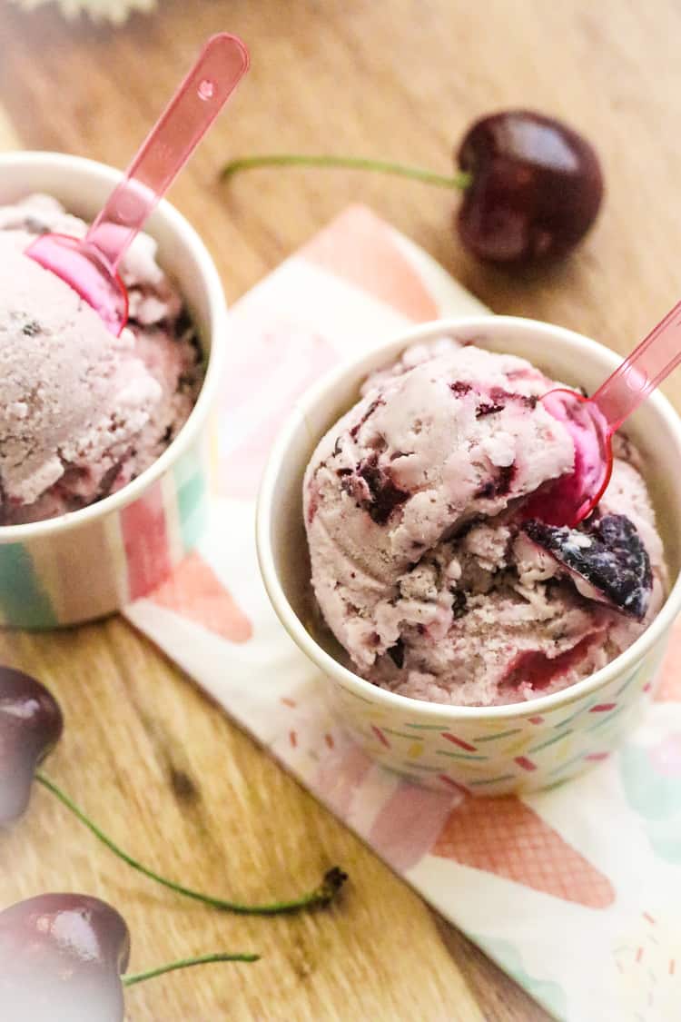 Vegan cherry garcia ice cream in a cup.