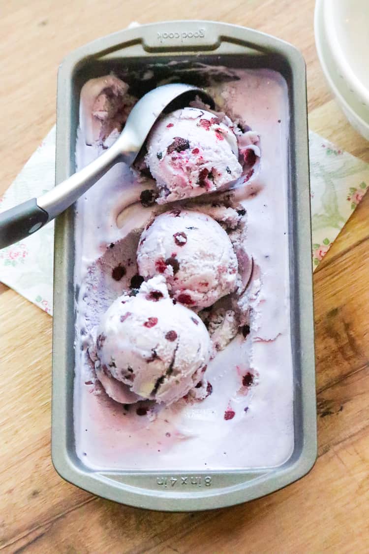 Vegan cherry ice cream in a loaf pan.