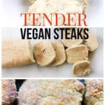 Pinterest collage of vegan steak photos with text overlay