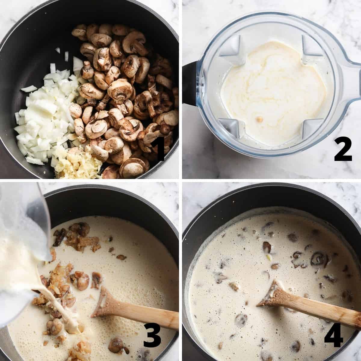 collage of four overhead photos showing process for sautéing, blending, and cooking stroganoff sauce