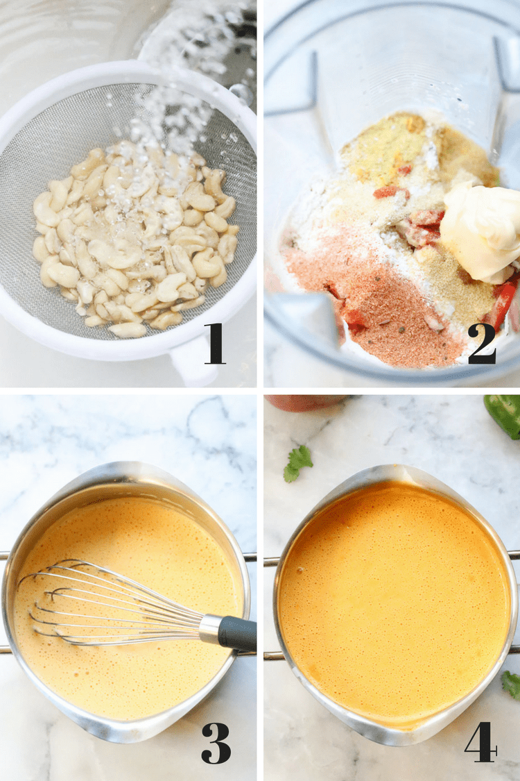 overhead photo collage of the process for making nacho cheese