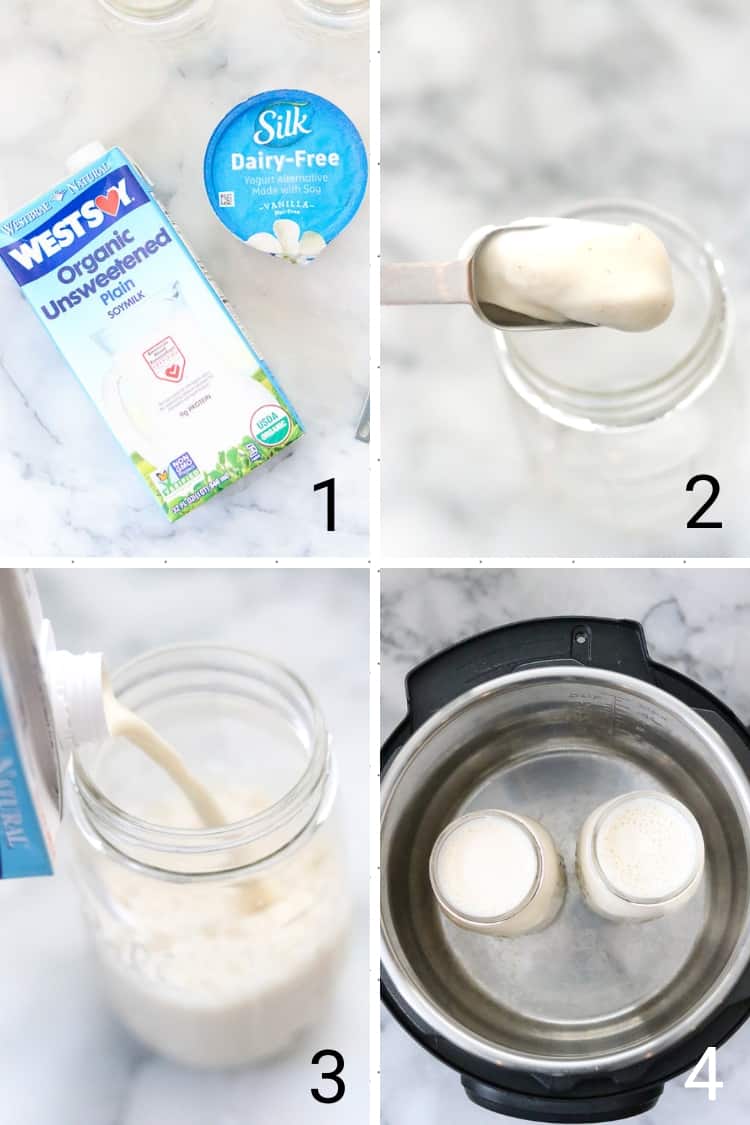 overhead process shot collage for making vegan yogurt using store-bought yogurt and instant pot