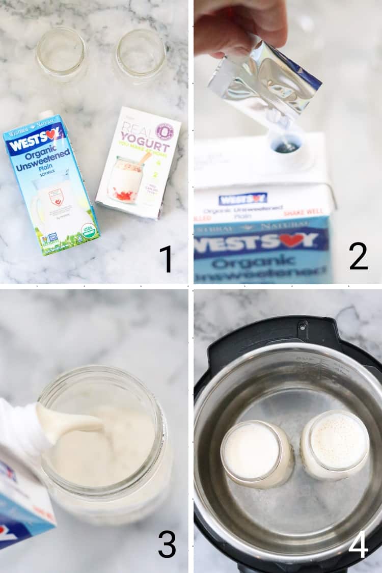 overhead process shots of how to make vegan soy yogurt in the Instant Pot with non-dairy cultures