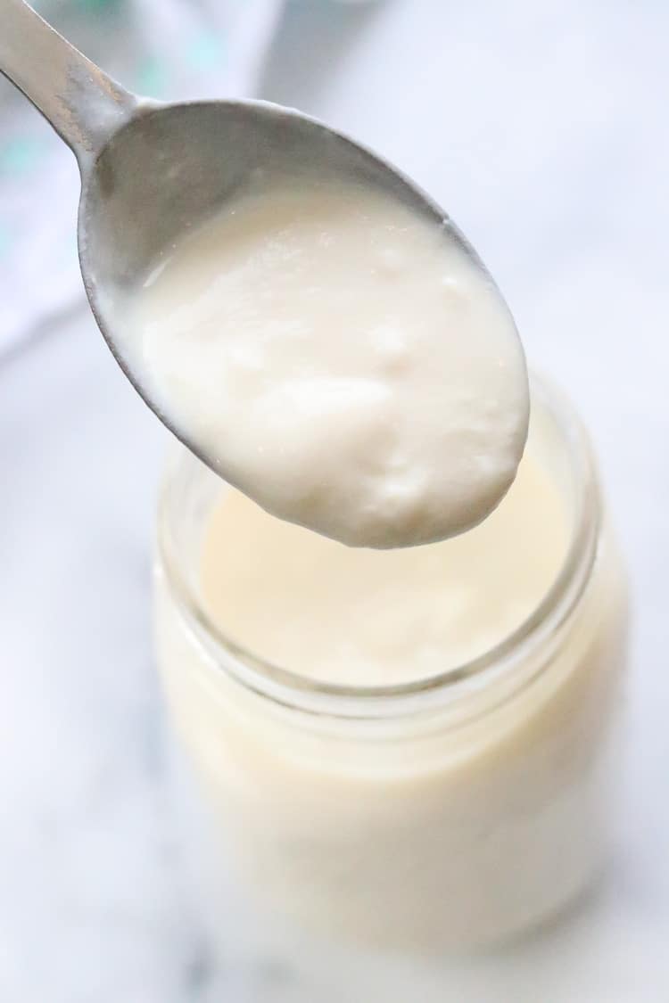 closeup overhead shot of vegan yogurt on a serving spoon 