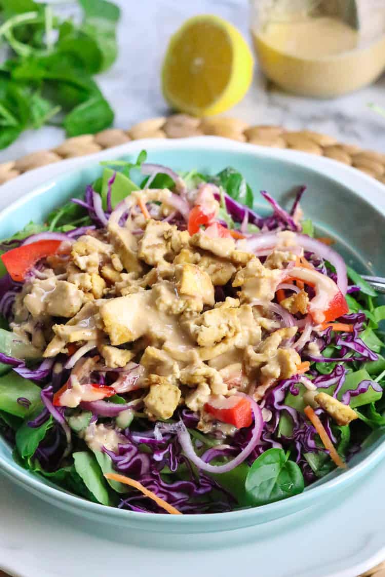 Chopped Salad with Watercress and Snow Peas Topped with Sautéed Tofu and Tahini Ginger Dressing