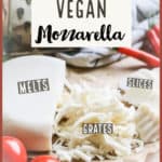 side overhead shot of vegan mozzarella with text overlay for pinterest