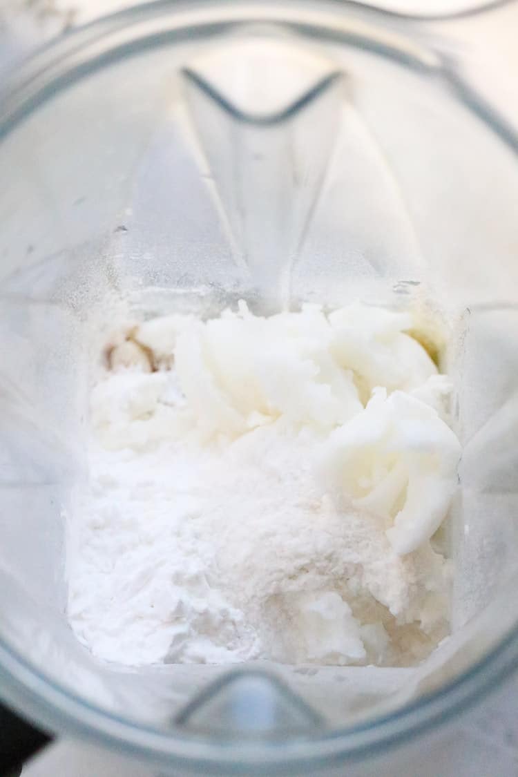 ingredients for vegan cream cheese recipe in a blender