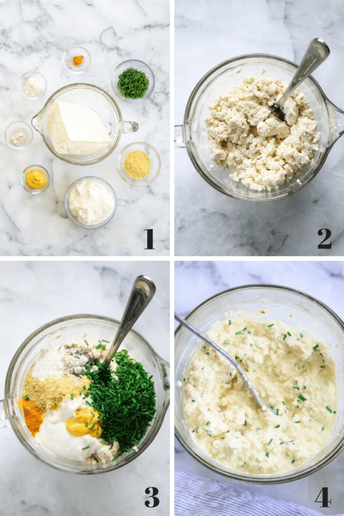 overhead photo collage of photos for how to make vegan egg salad with mashed tofu and black salt