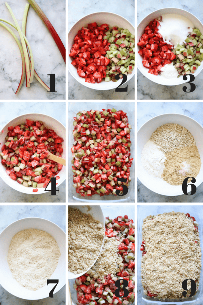 Process shots of making vegan strawberry raparperi crisp