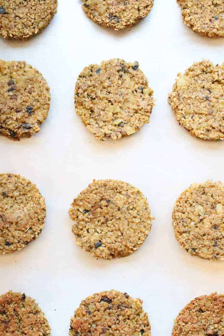 overhead shot of vegan oatmeal burgers on a tray