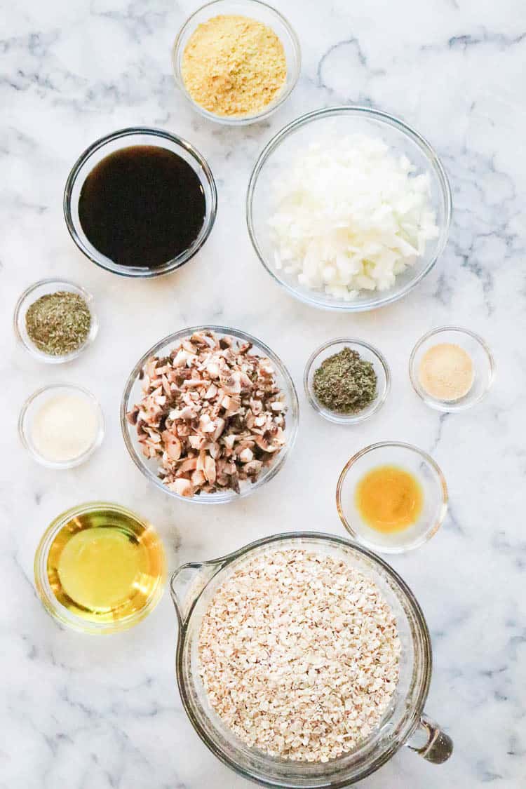 Overhead shot of ingredients for vegan oatmeal burger