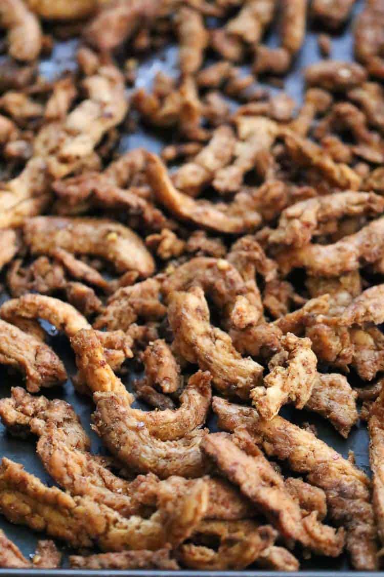 overhead shot of vegan jerky on a tray