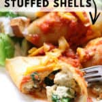 overhead closeup shot of vegan stuffed shells with text overlay for pinterest