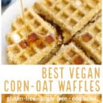 overhead and closeup shots of vegan waffles with text overlay