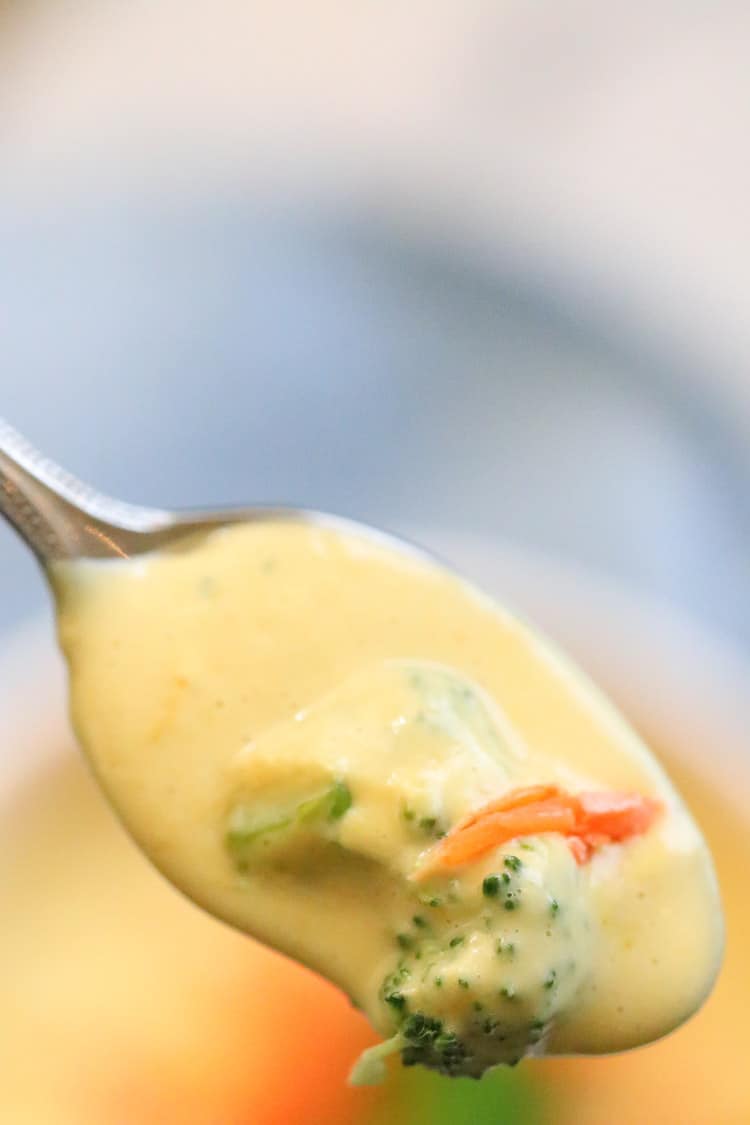 closeup shot of vegan broccoli and cheese soup on a spoon