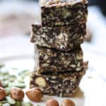 side shot of stacked vegan chocolate gingersnap bars