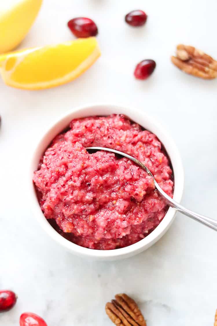 fresh raw cranberry relish in a white bowl
