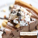 side shot of chocolate peanut butter pie with text for pinterest
