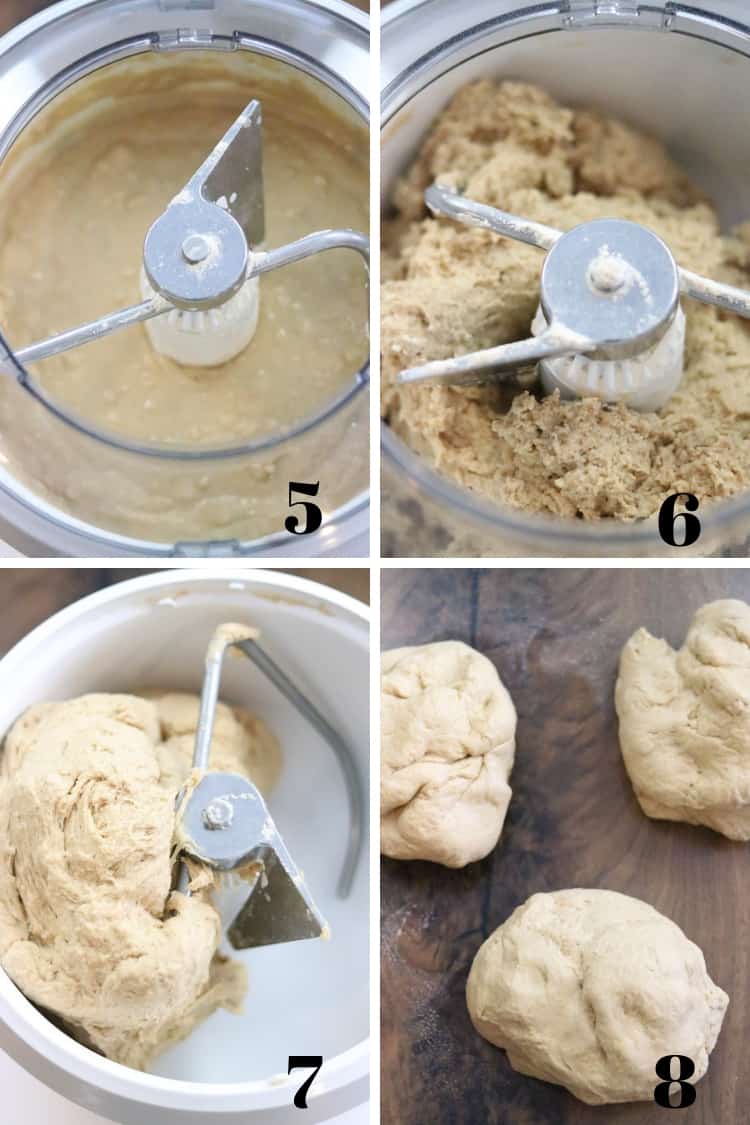 overhead shot of dough for whole wheat bread in various stages in mixer bowl