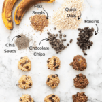 overhead shot of chocolate chip banana oat cookies as well as two other variations lined up on marble backdrop with text overlay