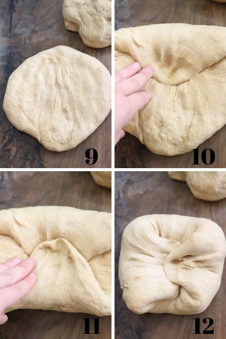 overhead shots of whole wheat bread dough being formed into loaf shape
