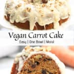 photo collage of vegan carrot cake with text overlay for pinterest