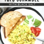 overhead shot of tofu scramble with text overlay for pinterest graphic