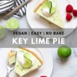 wide overhead shot of vegan key lime pie on two plates with text overlay for pinterest