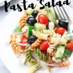 closeup shot of vegan pasta salad with text overlay for pinterest