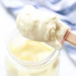 overhead shot of vegan mayo in a jar with text overlay for pinterest
