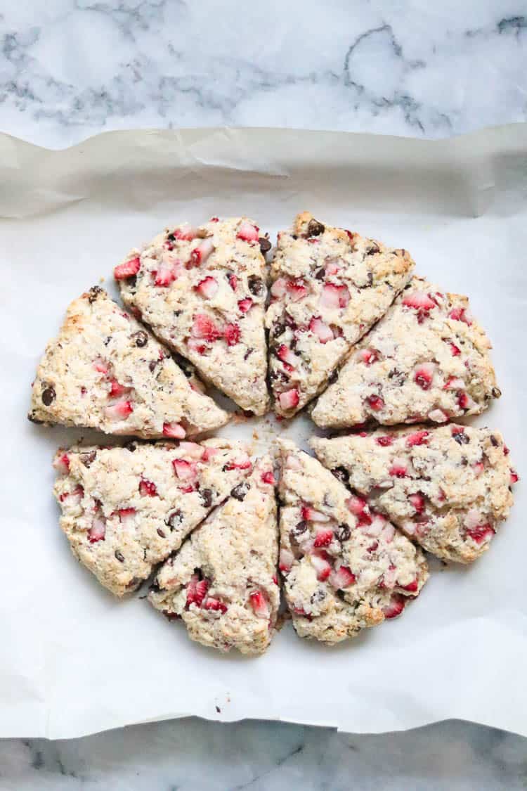 overhead shot of baked and slightly browned vegan scones