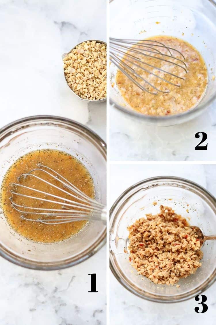 three overhead process shots in a photo collage showing how to make vegan crumbles for the egg roll