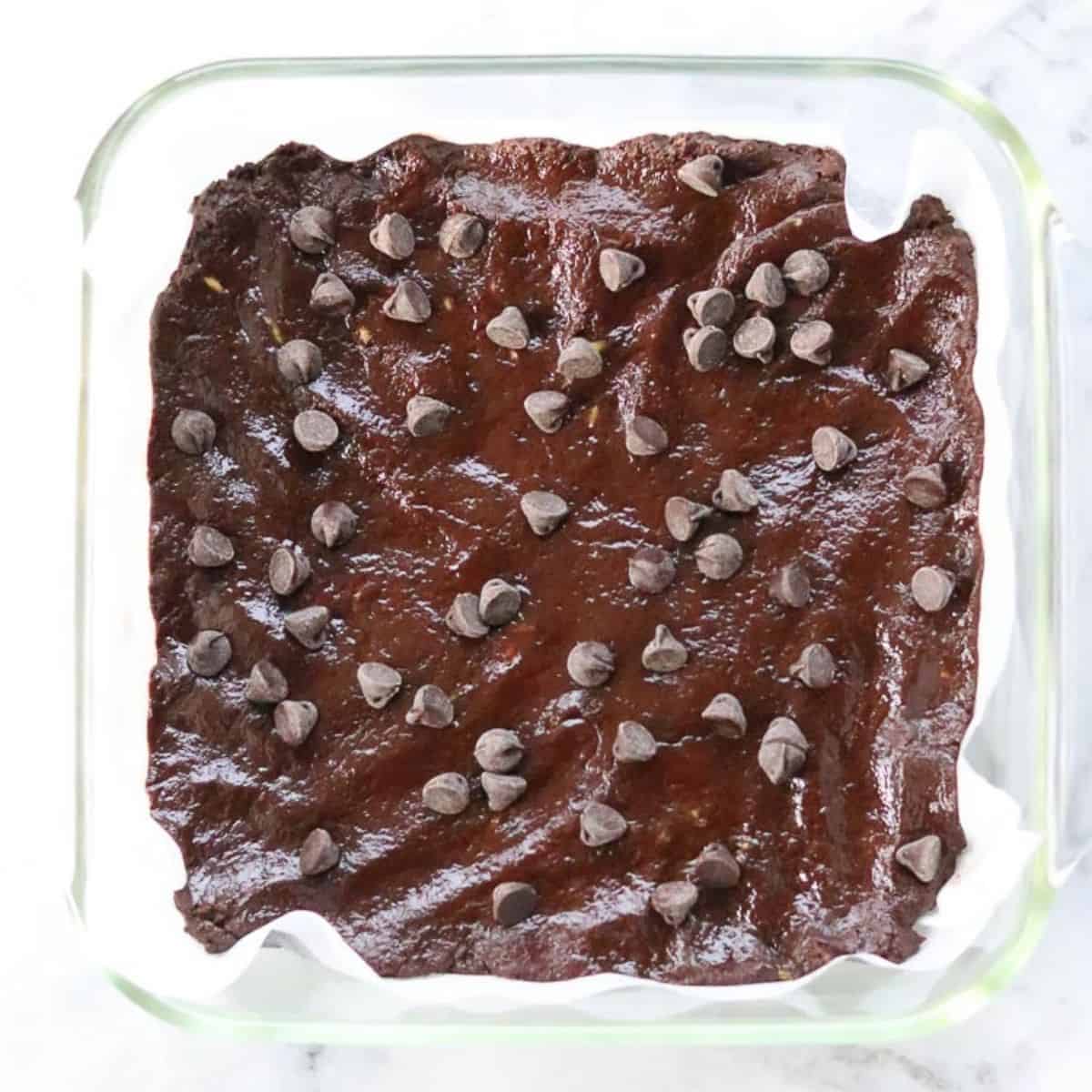 Brownie batter in a baking pan.