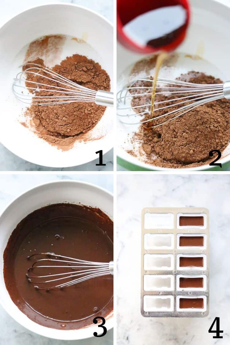 Collage of pictures for how to make fudgesicles.