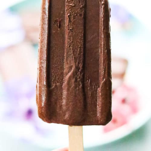 side closeup shot of a vegan fudgesicle on a wooden stick being held upright