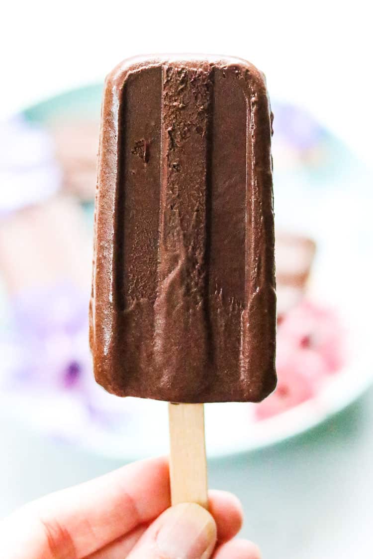 Hand holding a vegan chocolate popsicle.