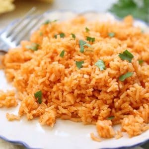 fluffy vegan Mexican rice on a plate with cilantro garnish