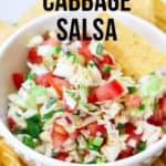 side overhead closeup of cabbage salsa with text overlay for pinterest