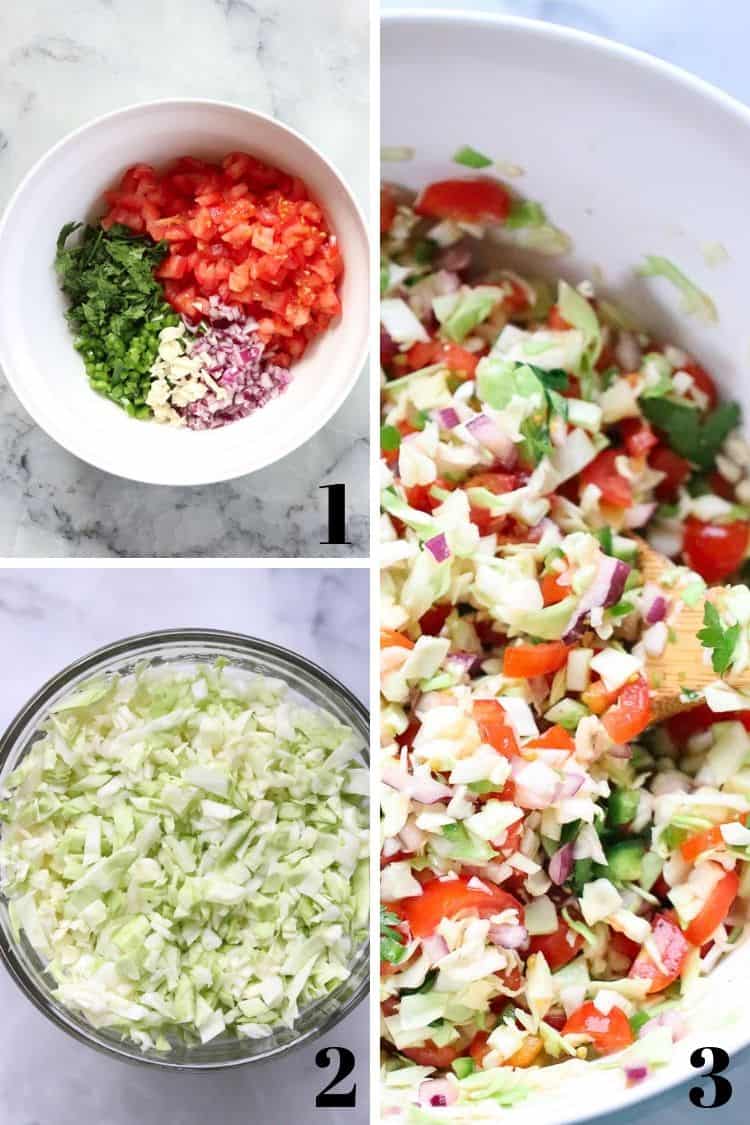 overhead process shots of how to make cabbage salsa 