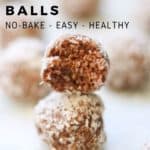 side closeup shot of vegan coconut ball stacked and bit into with text overlay for pinterest