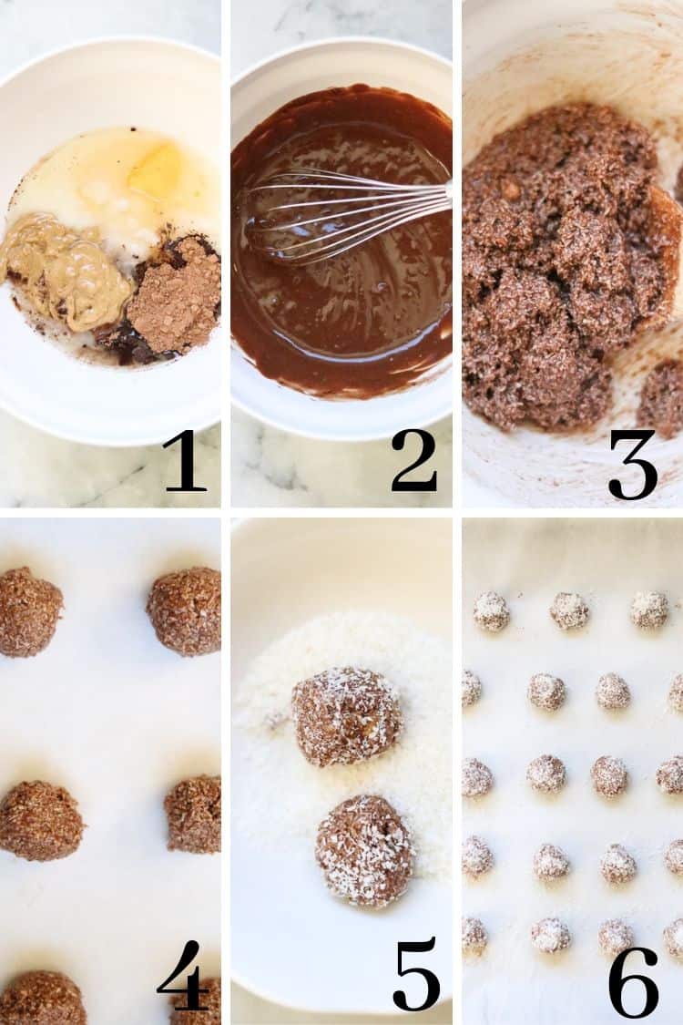 overhead photo collage of process for making vegan coconut balls