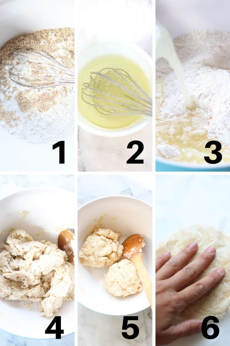 overhead process shots of bowl of flour and oil mixture being made into vegan pie crust