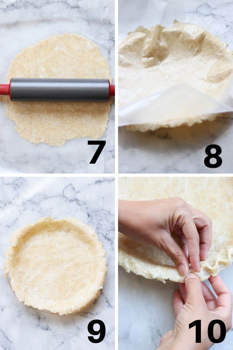 overhead photo collage of rolling out and forming vegan pie crust