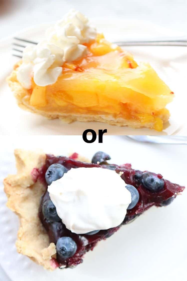 an overhead and side photo collage of peach and blueberry pie in vegan crust