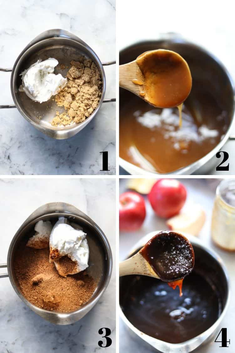process shots of vegan caramel sauce showing light brown sugar versus coconut sugar results